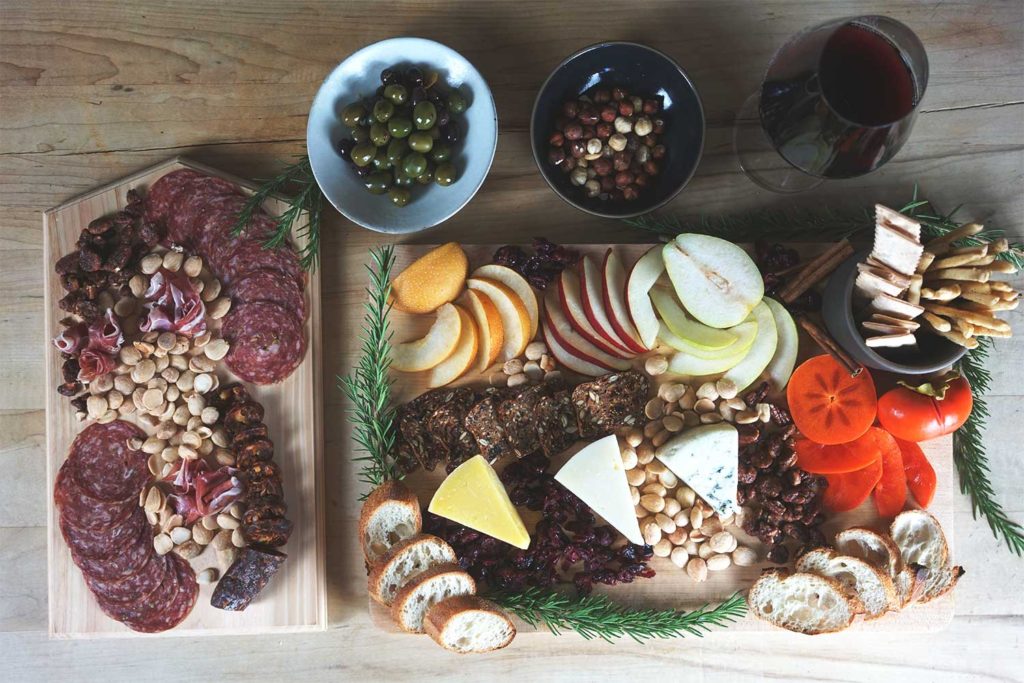 winter holiday charcuterie wine and cheese board